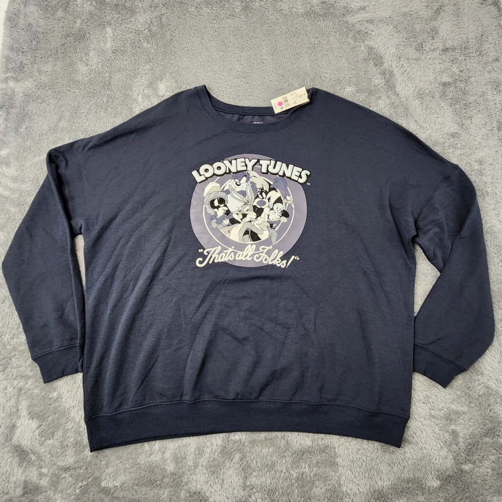 Looney Tunes Sweatshirt Womens 2X Blue Thats All Folks Graphic Pullover